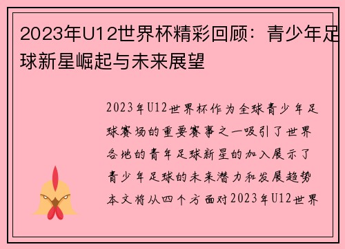 2023年U12世界杯精彩回顾：青少年足球新星崛起与未来展望